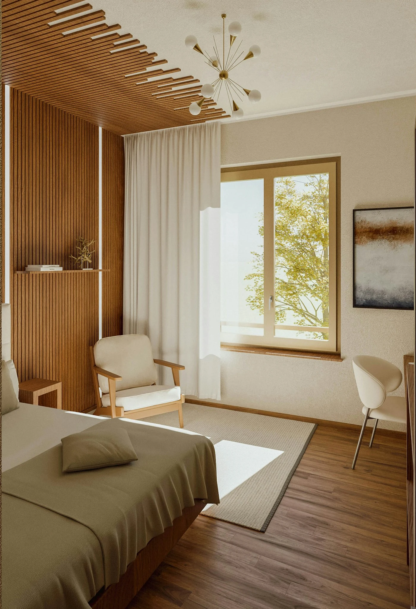 Carefully furnished hotel guestroom with warm materials and soft bedding